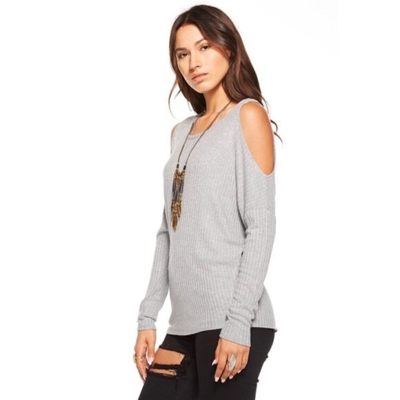 Chaser Light Gray Waffle Knit Cold Shoulder Long Sleeve Top M - Picture 1 of 4